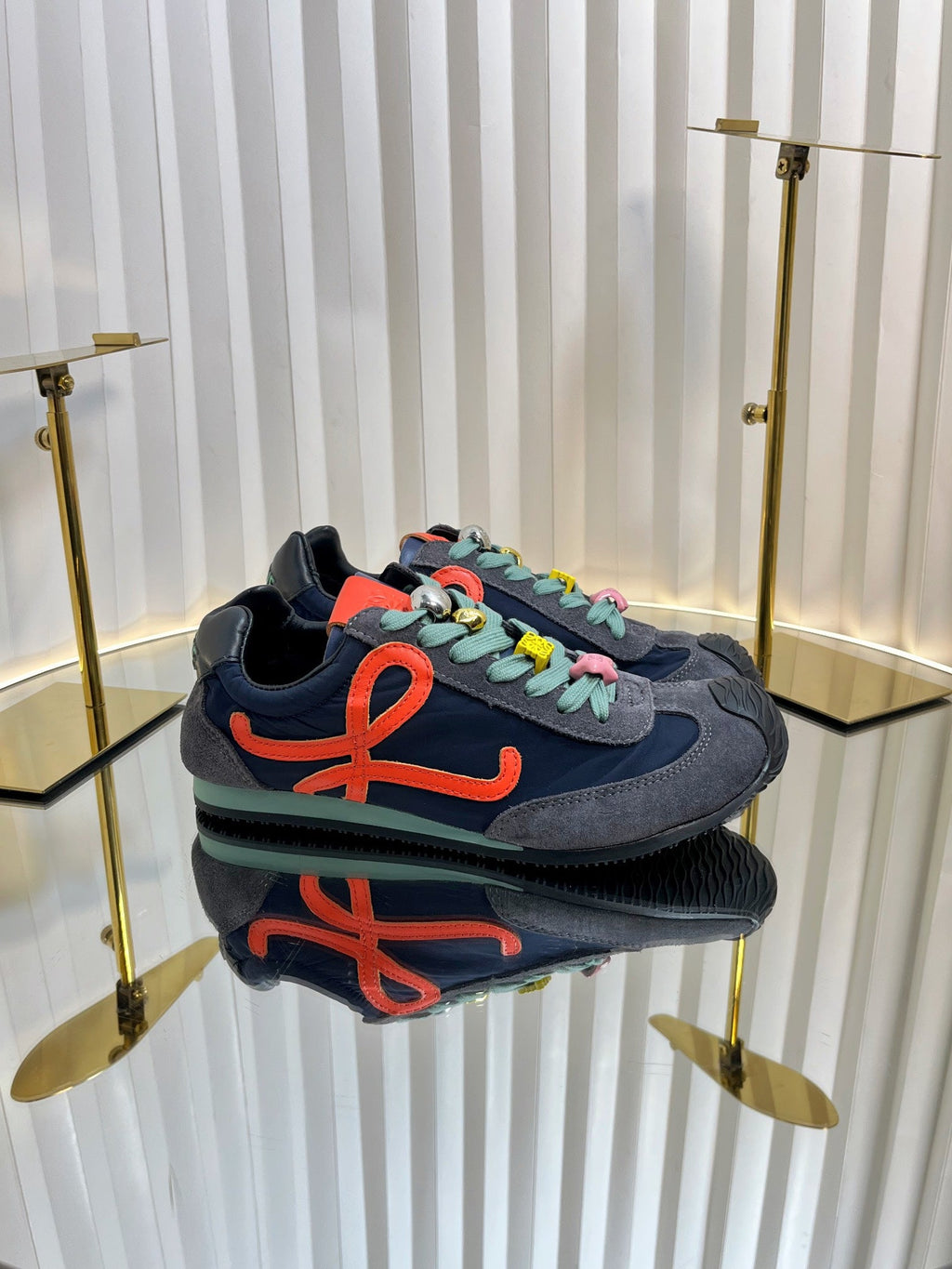 LOEWE 26S RUNNER 2.0 SNEAKERS IN GREY SUEDE AND NAVY BLUE FABRIC