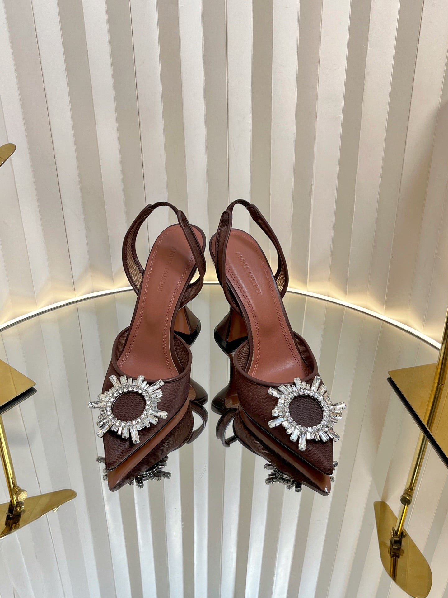 AMINA CRYSTAL HIGH HEELS 95MM IN BROWN MESH