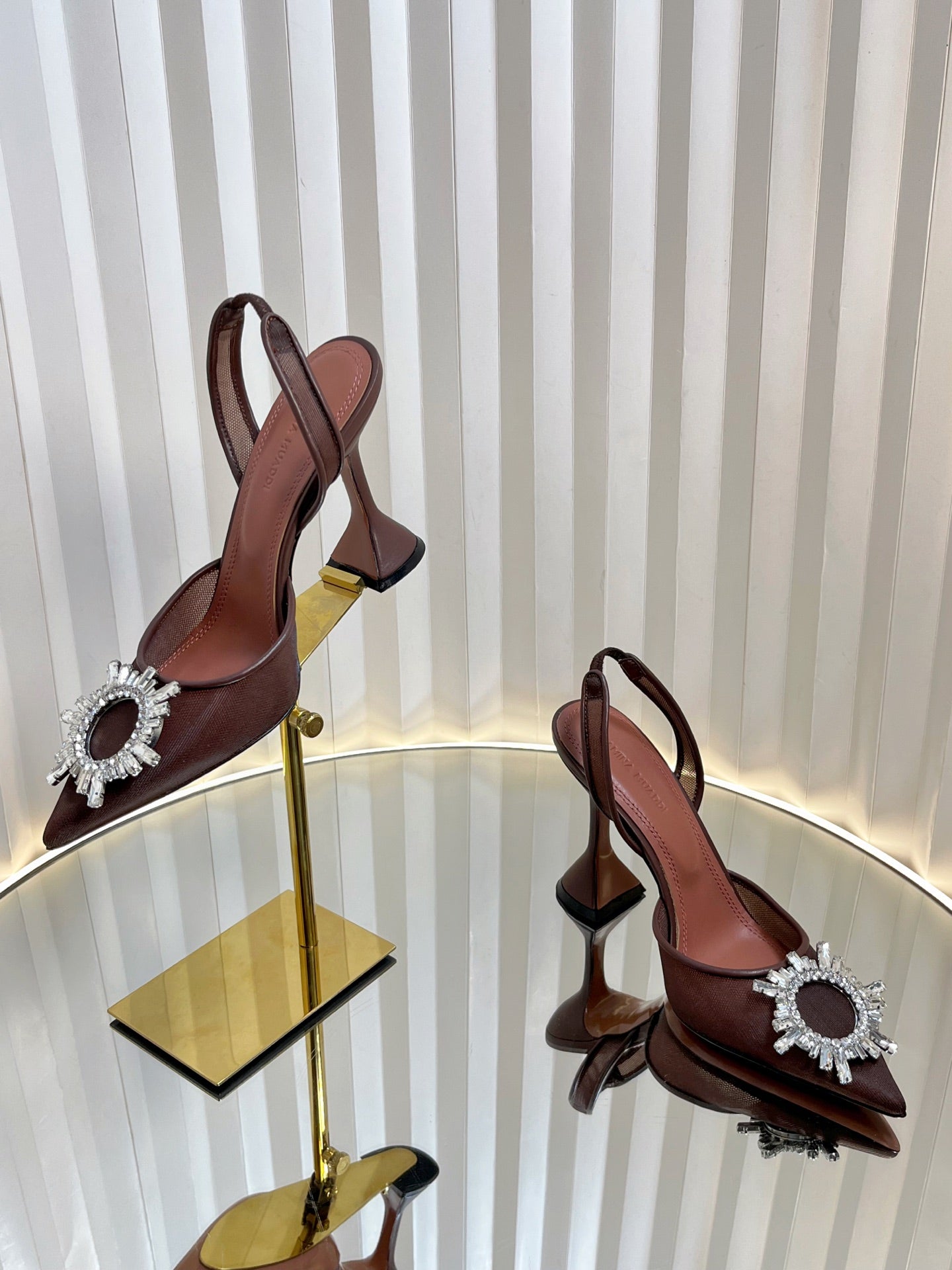 AMINA CRYSTAL HIGH HEELS 95MM IN BROWN MESH