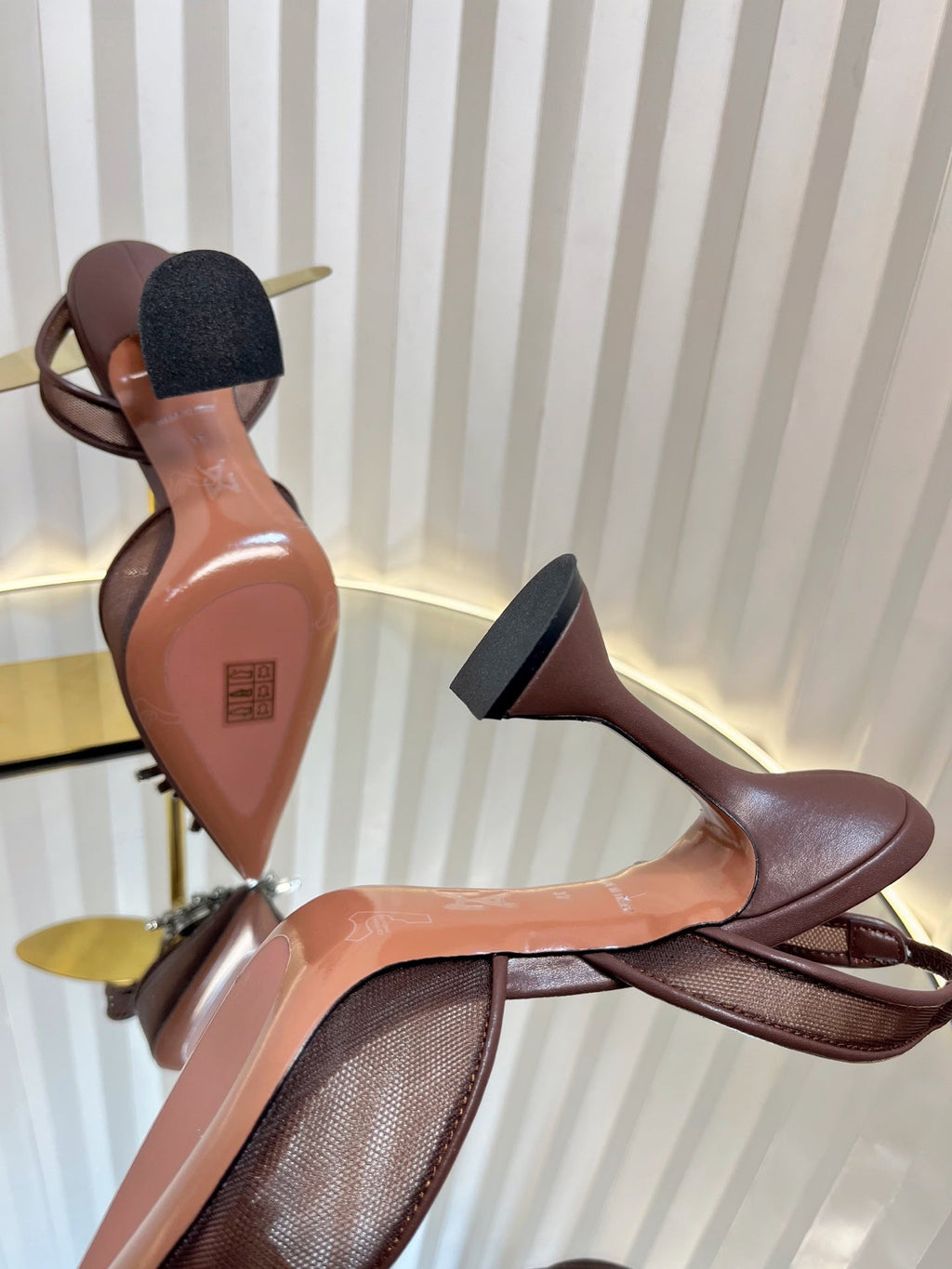 AMINA CRYSTAL HIGH HEELS 95MM IN BROWN MESH