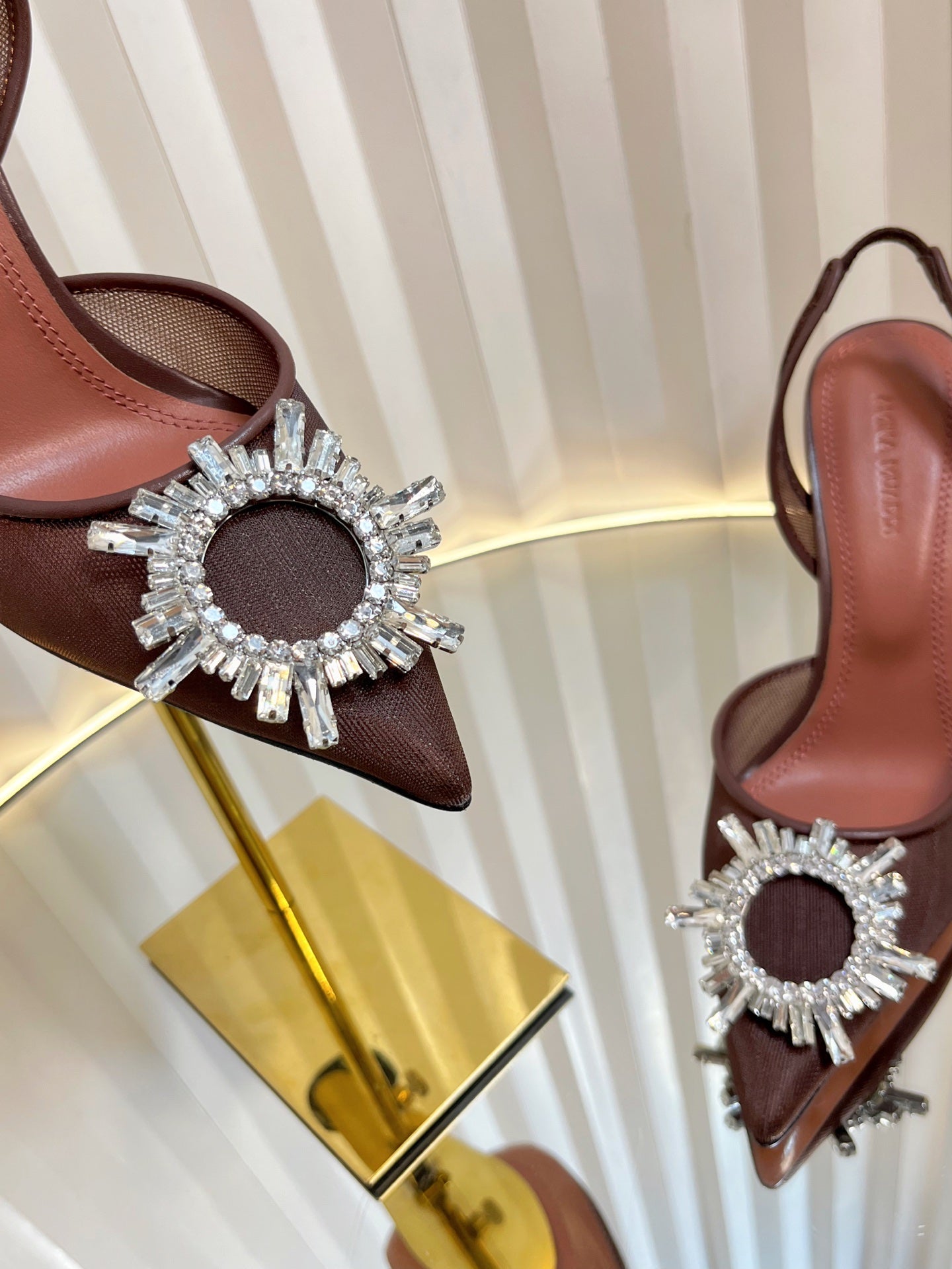 AMINA CRYSTAL HIGH HEELS 95MM IN BROWN MESH