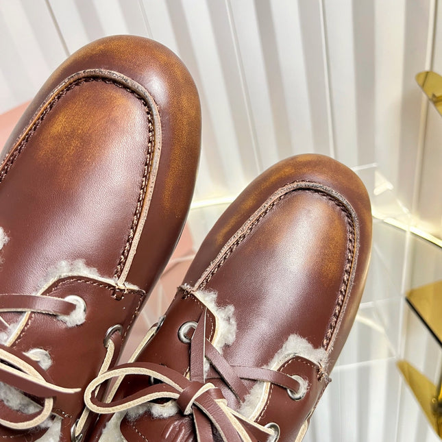 MIUMIU 26S FUR BOAT SHOES IN BROWN CALFSKIN
