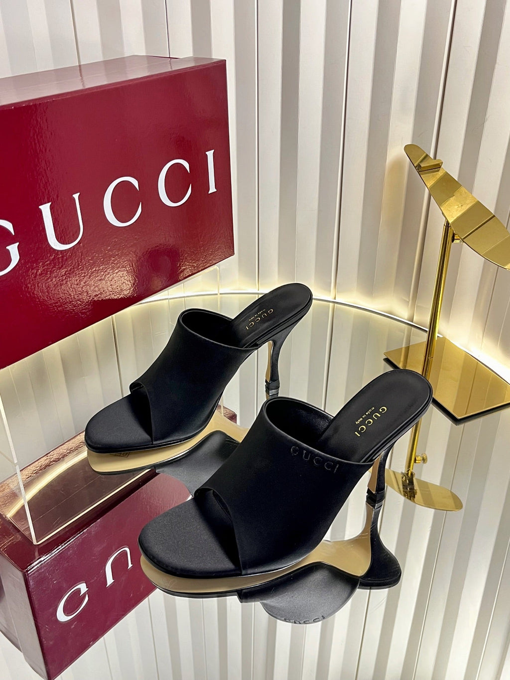 GUCCI 26S HIGH-HEELED SANDALS 100 MM IN BLACK SATIN