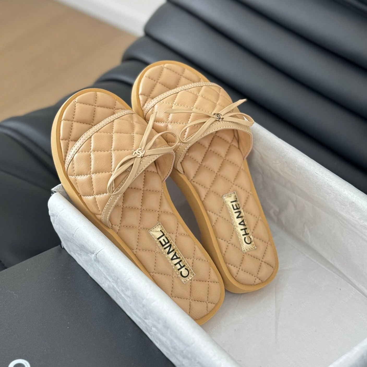 Double C  New Butterfly Button Slippers Yellow Cream Lambskin