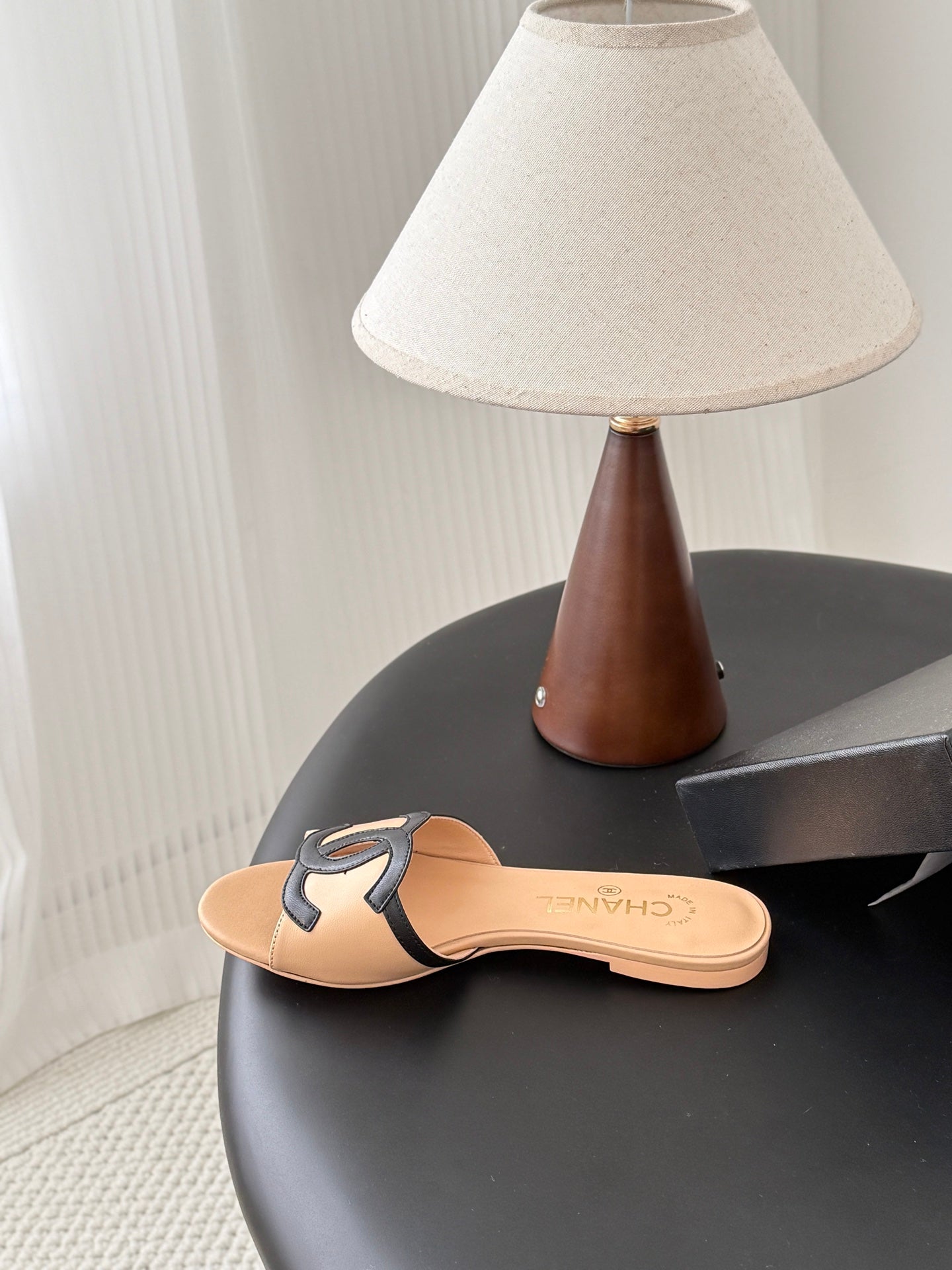 CHANEL MULES IN BEIGE MIX BLACK CALFSKIN