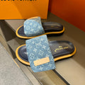 LV VELCRO SLIPPERS IN LIGHT BLUE MONOGRAM DENIM