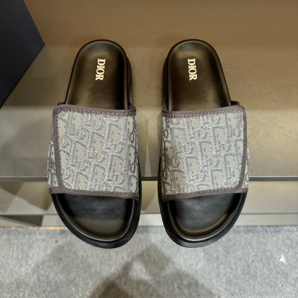CD VELCRO STRAP SLIPPER GREY BLUE JACQUARD