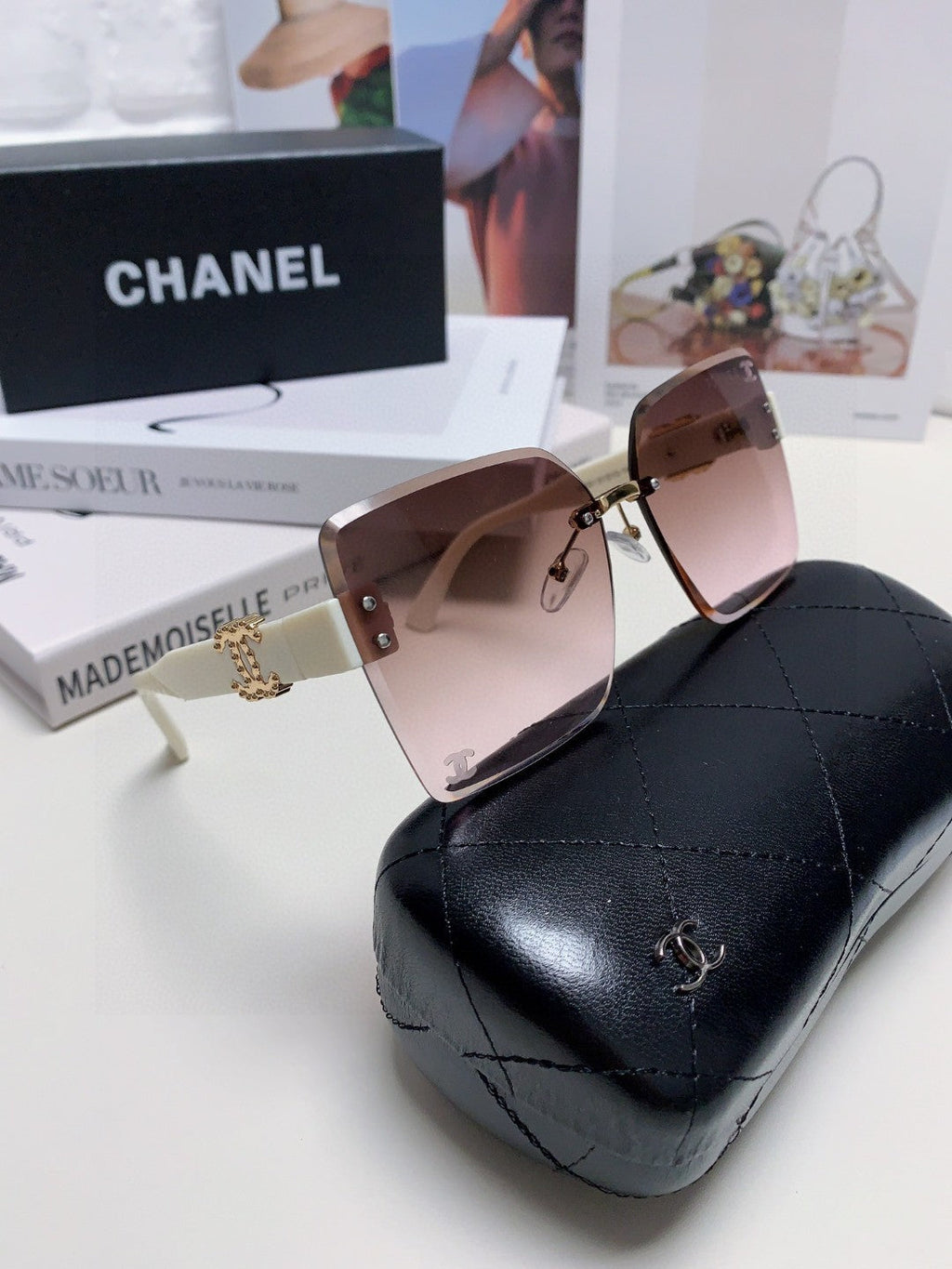 SQUARE SUNGLASSES 632891 IN WHITE ACETATE BROWN LENSES