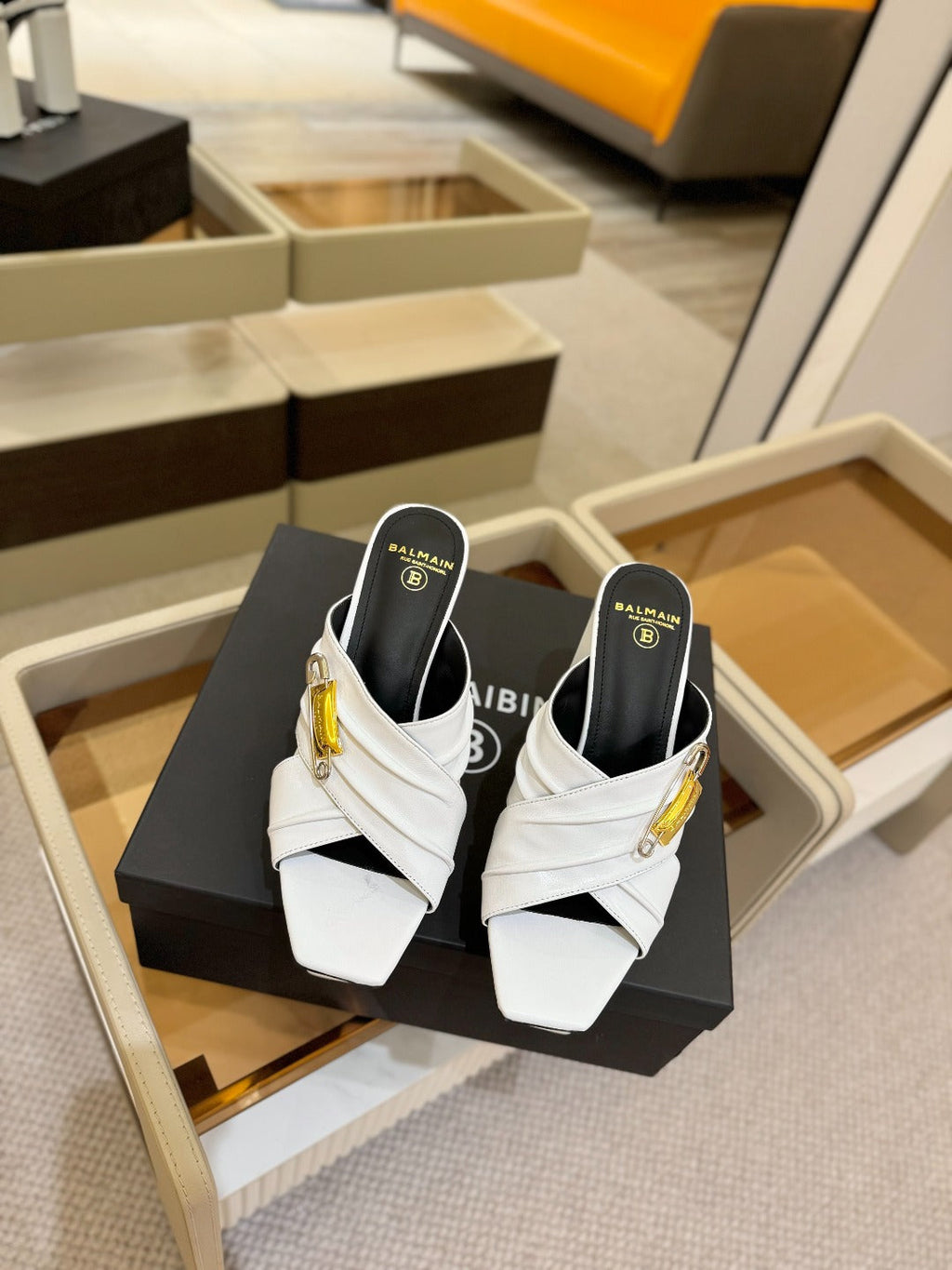 BALMAIN 25S WEDGE HEEL SANDALS 100MM IN WHITE CALFSKIN