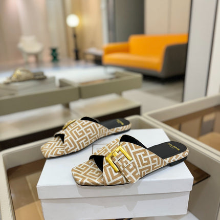 BALMAIN 26S SANDALS IN WARM BEIGE AND WHITE CANVAS