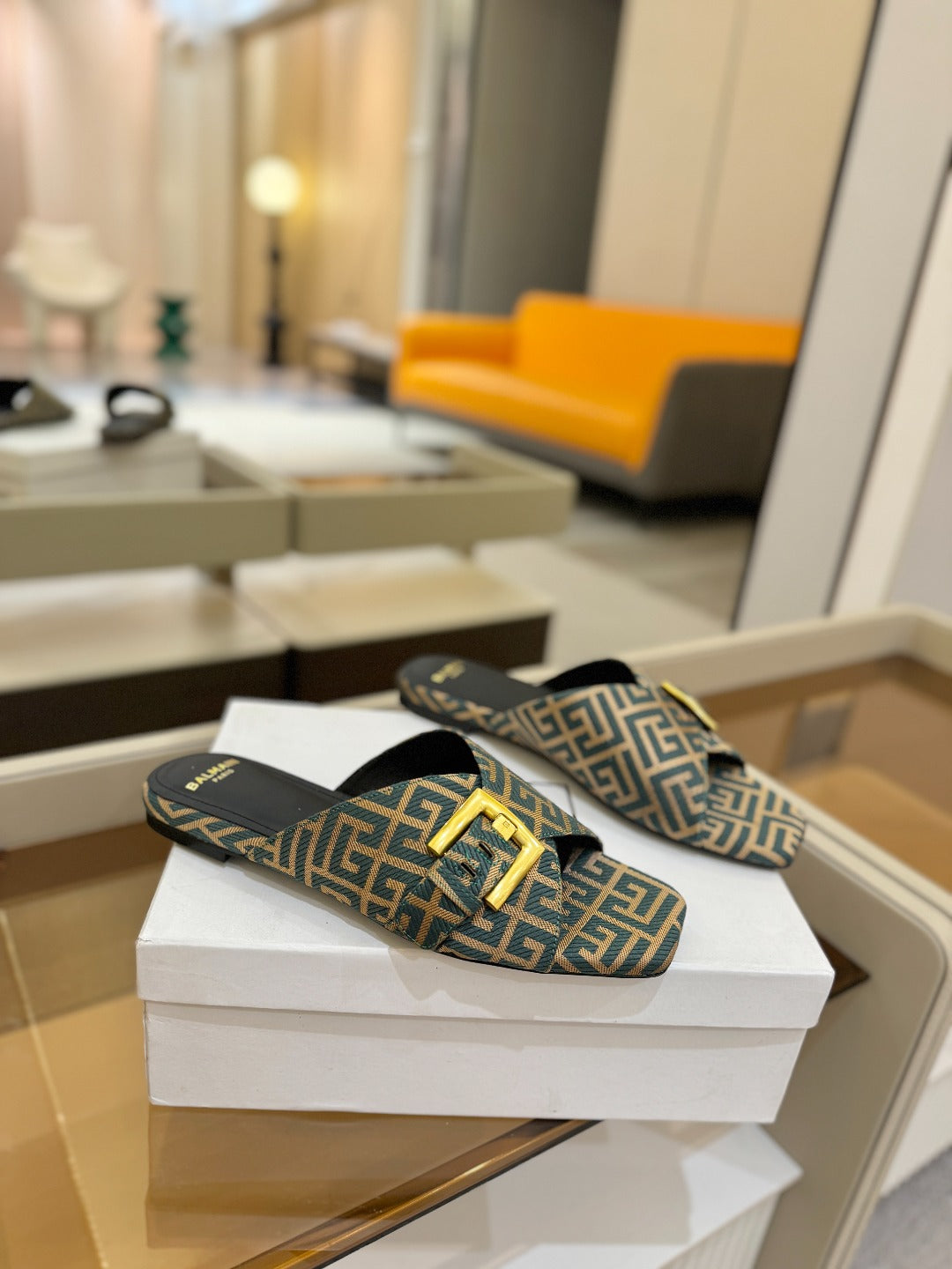 BALMAIN 26S SANDALS IN LIGHT BROWN AND TEAL GRAY CANVAS
