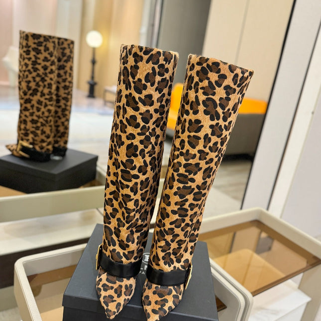 BALMAIN 26S KNEE-HIGH BOOTS 100 MM IN LEOPARD PRINT PONY HAIR