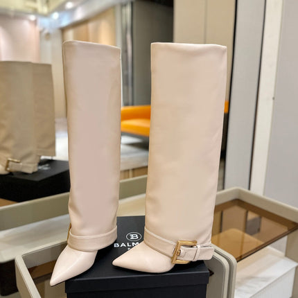 BALMAIN 26S KNEE-HIGH BOOTS 100 MM IN LIGHT BEIGE CALFSKIN