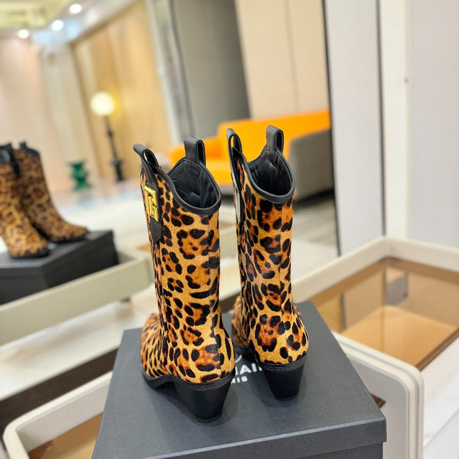 BALMAIN 26S COWBOY ANKLE BOOTS 65 MM IN LEOPARD PRINT PONY HAIR