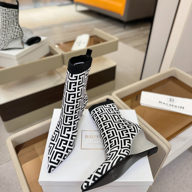 BALMAIN 26S BOOT 75 MM IN BLACK AND WHITE FLYKNIT