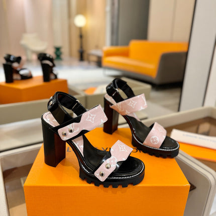 LV 26S HIGH HEEL SANDALS 100 MM IN LIGHT PINK AND BLACK CALFSKIN