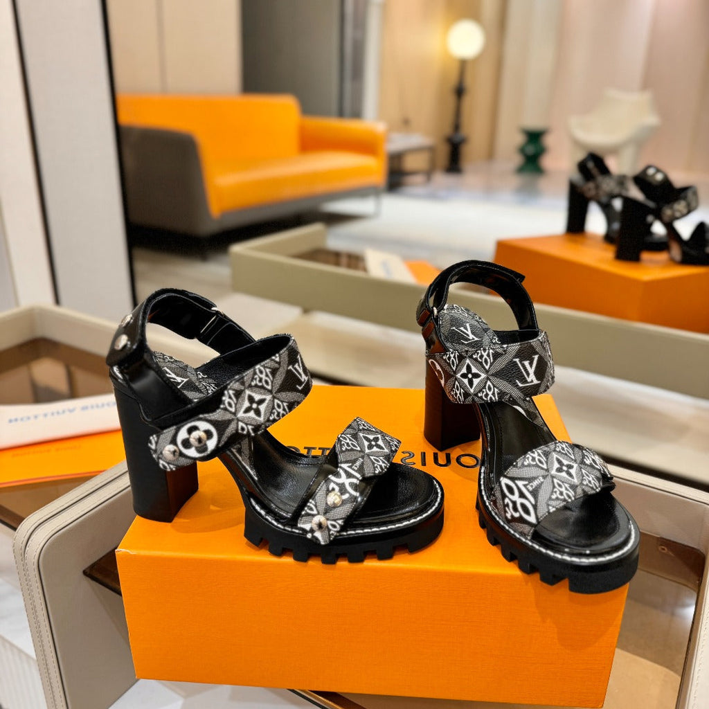 LV 26S HIGH HEEL SANDALS 100 MM IN WHITE MIX BLACK CALFSKIN WITH FLORAL PATTERNS