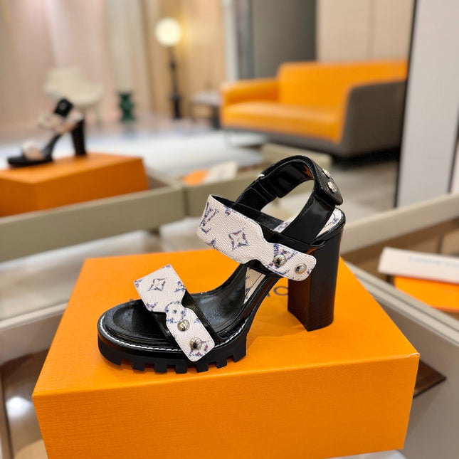 LV 26S HIGH HEEL SANDALS 100 MM IN CREAM WHITE AND BLACK CALFSKIN