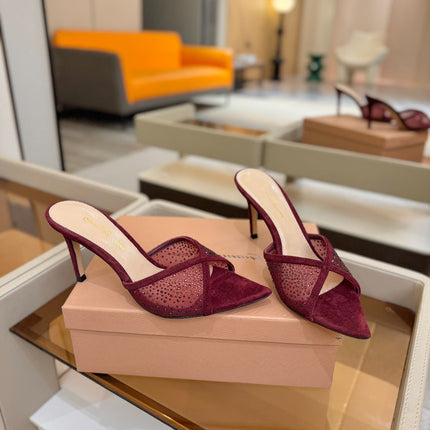GIANVITO ROSSI 26S POINTED TOE HIGH HEELS 85 MM IN DARK RED SUEDE WITH RHINESTONE STRAP