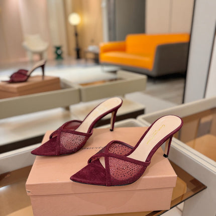 GIANVITO ROSSI 26S POINTED TOE HIGH HEELS 85 MM IN DARK RED SUEDE WITH RHINESTONE STRAP