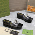 HIGH WEDGE PLATFORM IN BLACK GLOSSY CALFSKIN WITH DOUBLE CRYSTAL G BUCKLE