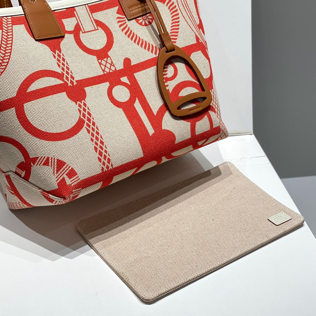 STEEPLE 28 BAG IN OFF-WHITE MIX LIGHT RED CANVAS AND BROWN SWIFT LEATHER