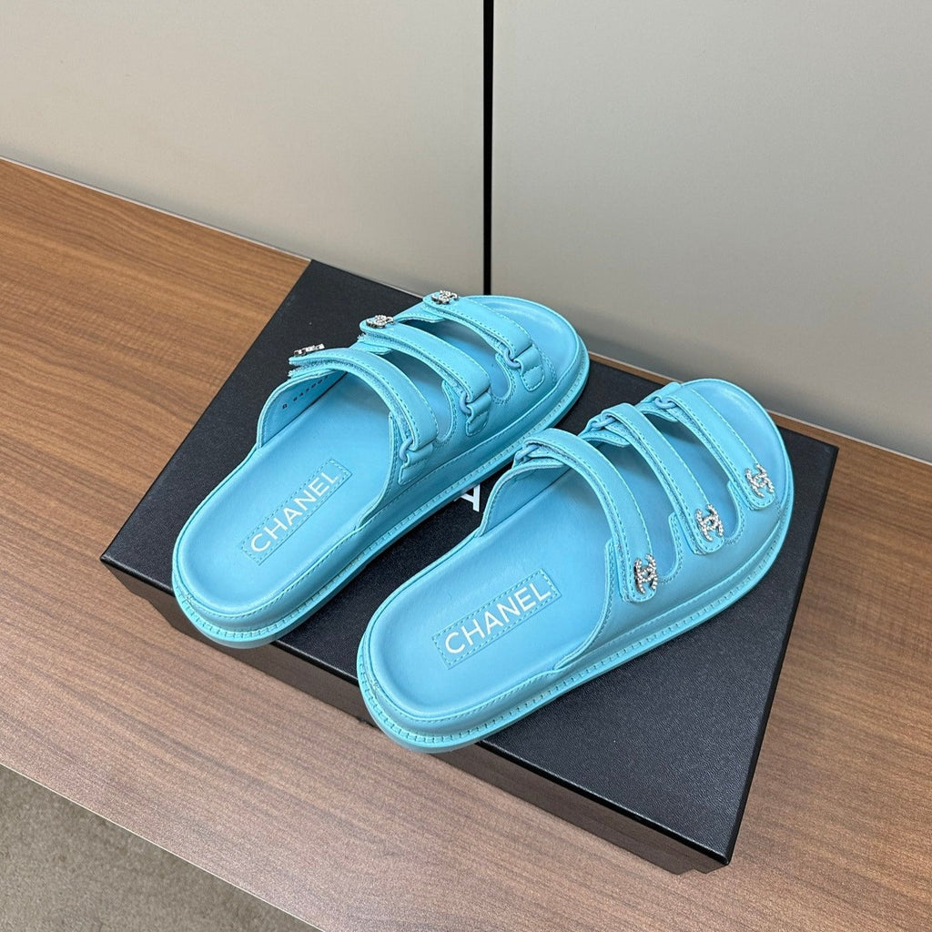 dad sandals cloud blue 3 rows lambskin mules