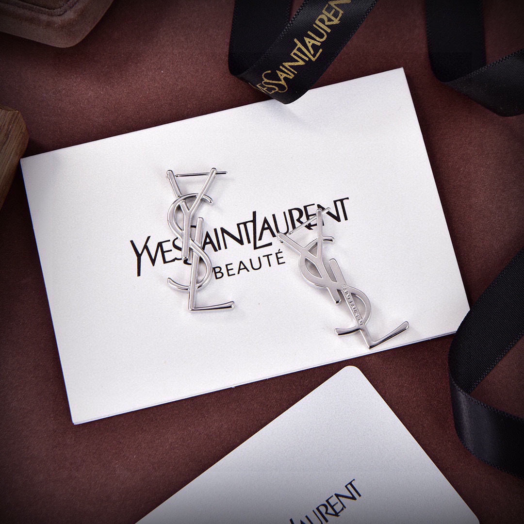 YSL 26S CLASSIC MONOGRAM DROP EARRINGS IN SILVER TONE METAL 629090