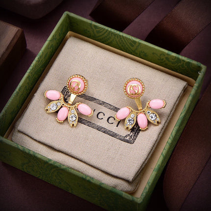 GUCCI 26S DOUBLE G LOGO PINK CRYSTAL FLORAL DROP EARRINGS IN GOLD TONE METAL 633778