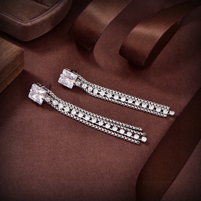 MIUMIU 26S SQUARE CRYSTAL CASCADE TASSEL DROP EARRINGS IN SILVER TONE METAL 635075