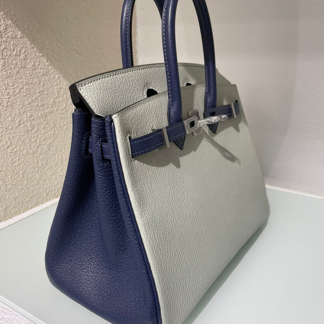 HM 25S BIRKIN 25 CM IN LIGHT GREY AND NAVY BLUE WITH SILVER HARDWARE