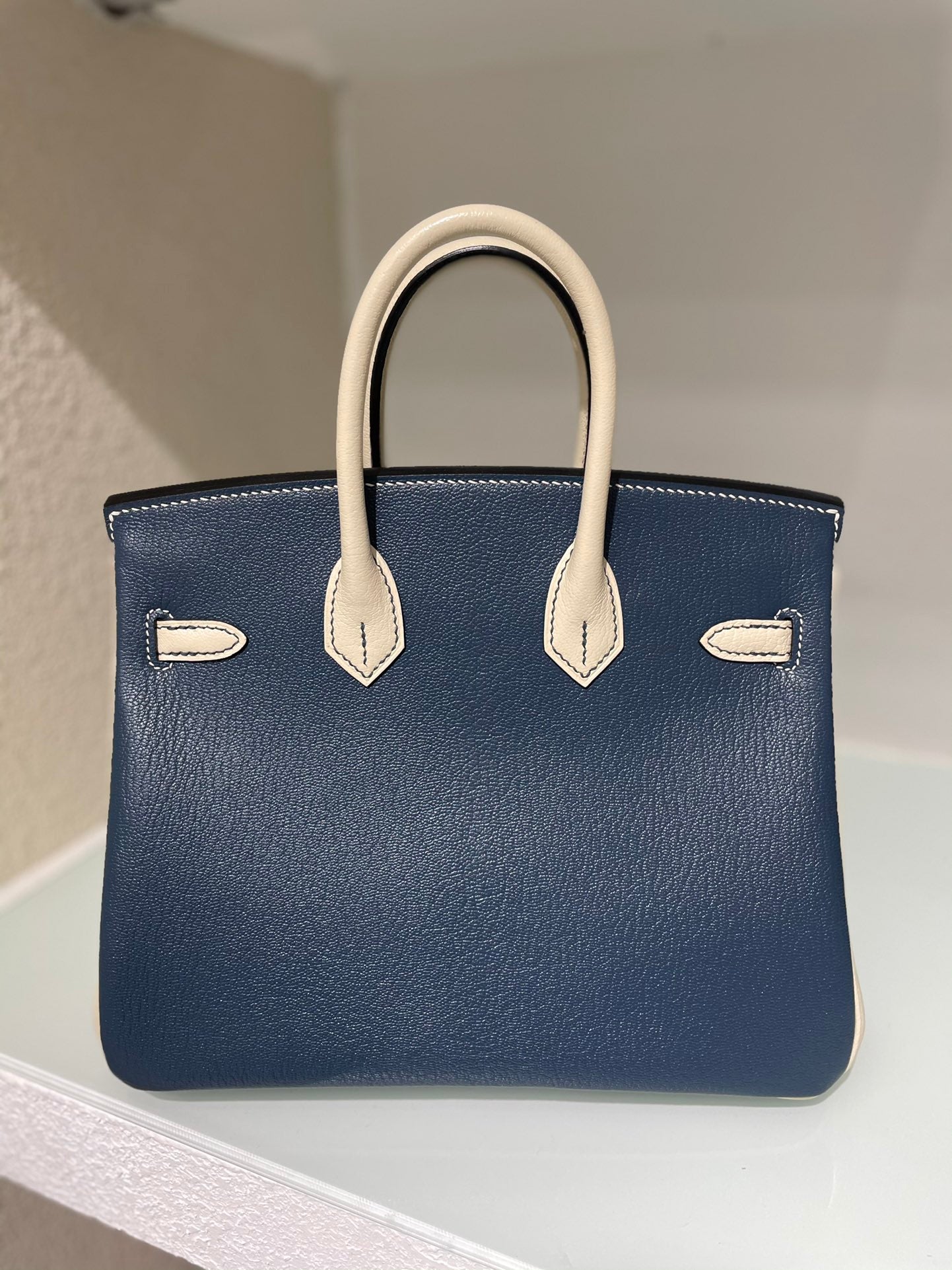 HM 25S BIRKIN 25 CM IN MIDNIGHT BLUE AND CREAM WHITE LAMBSKIN WITH SILVER HARDWARE