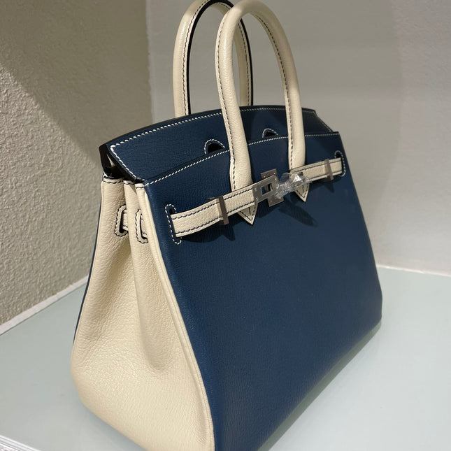 HM 25S BIRKIN 25 CM IN MIDNIGHT BLUE AND CREAM WHITE LAMBSKIN WITH SILVER HARDWARE