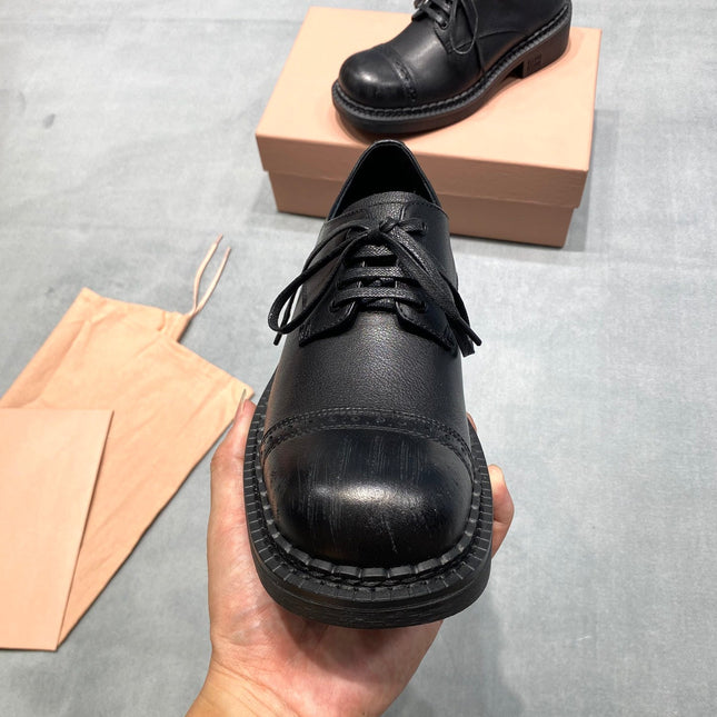 MIUMIU 26S LACE-UP LOAFERS IN BLACK GRAINED CALFSKIN