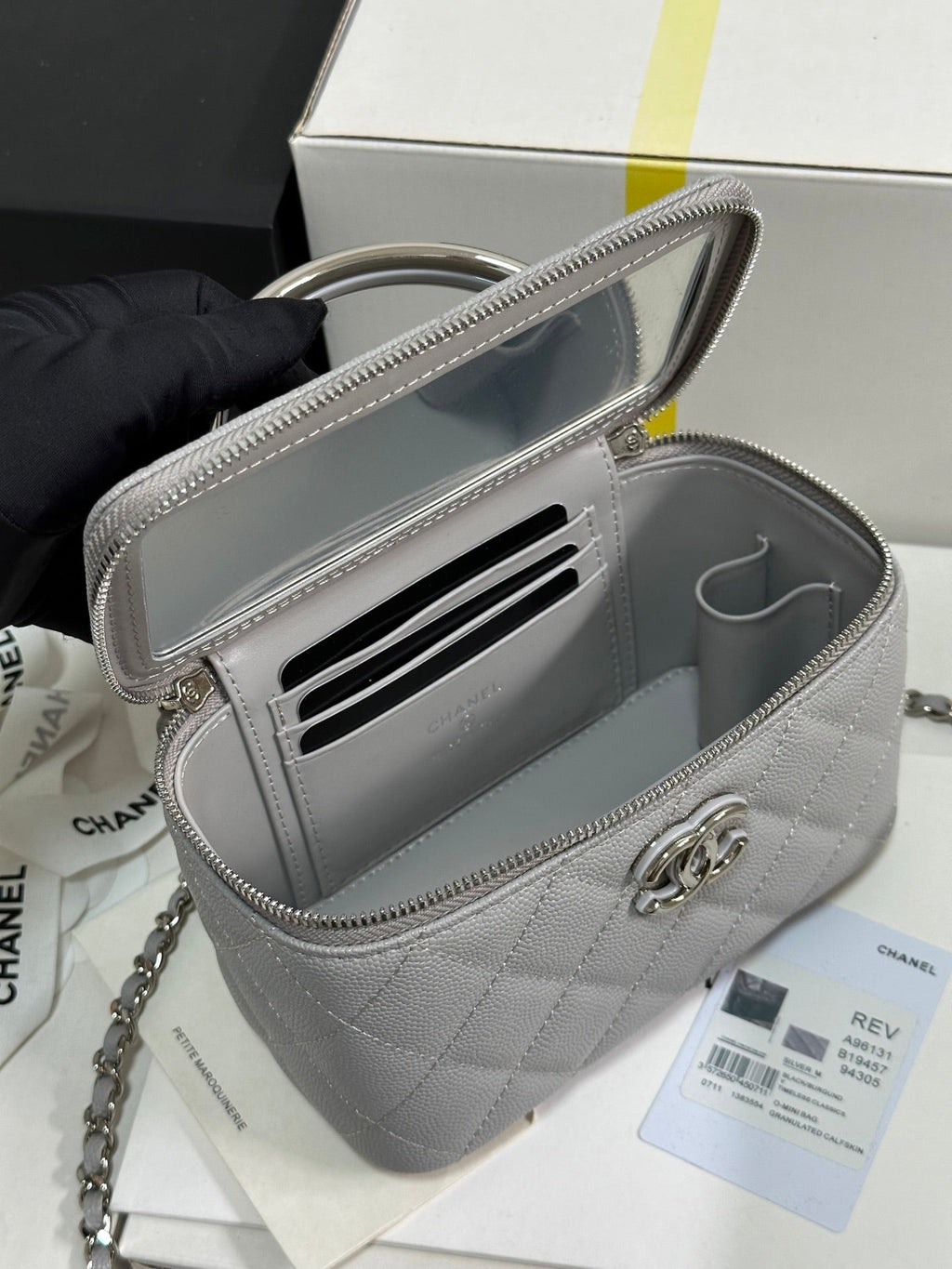 MINI VANITY TOP HANDLE CASE 17 IN GREY CAVIAR SKIN SILVER-TONE PLATED METAL