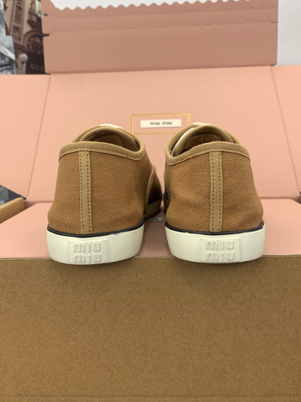 MIUMIU 26S LACE UP SNEAKERS IN CARAMEL BROWN CANVAS RUBBER SOLE