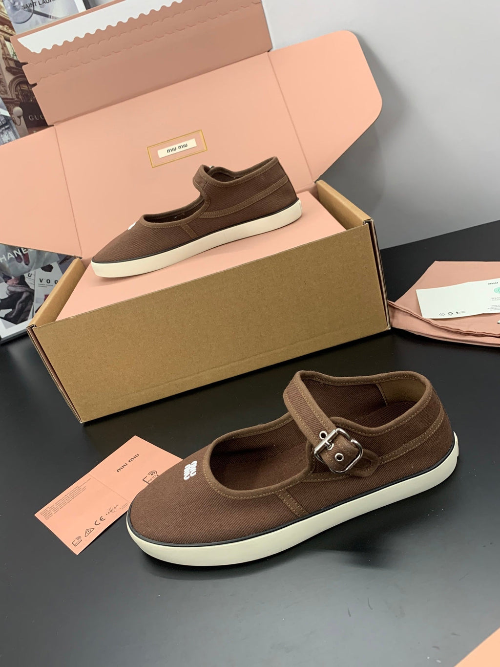 MIUMIU 26S MARY JANE FLATS IN DARK BROWN CANVAS LOGO