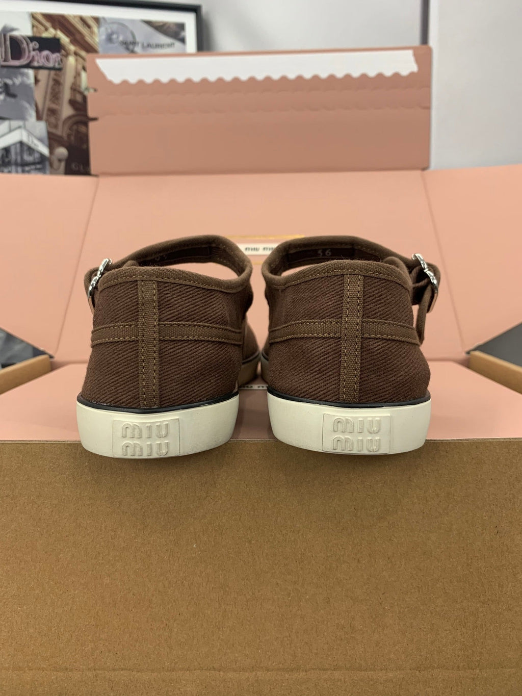 MIUMIU 26S MARY JANE FLATS IN DARK BROWN CANVAS LOGO