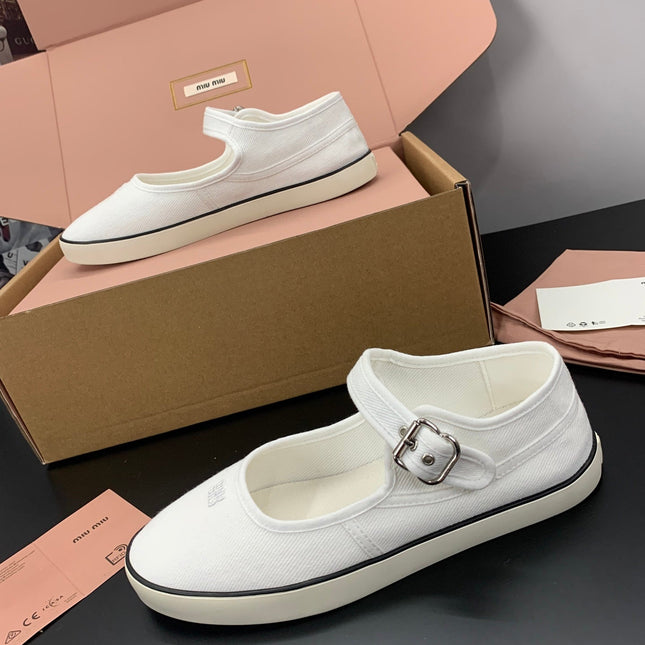MIUMIU 26S MARY JANE FLATS IN WHITE CANVAS LOGO