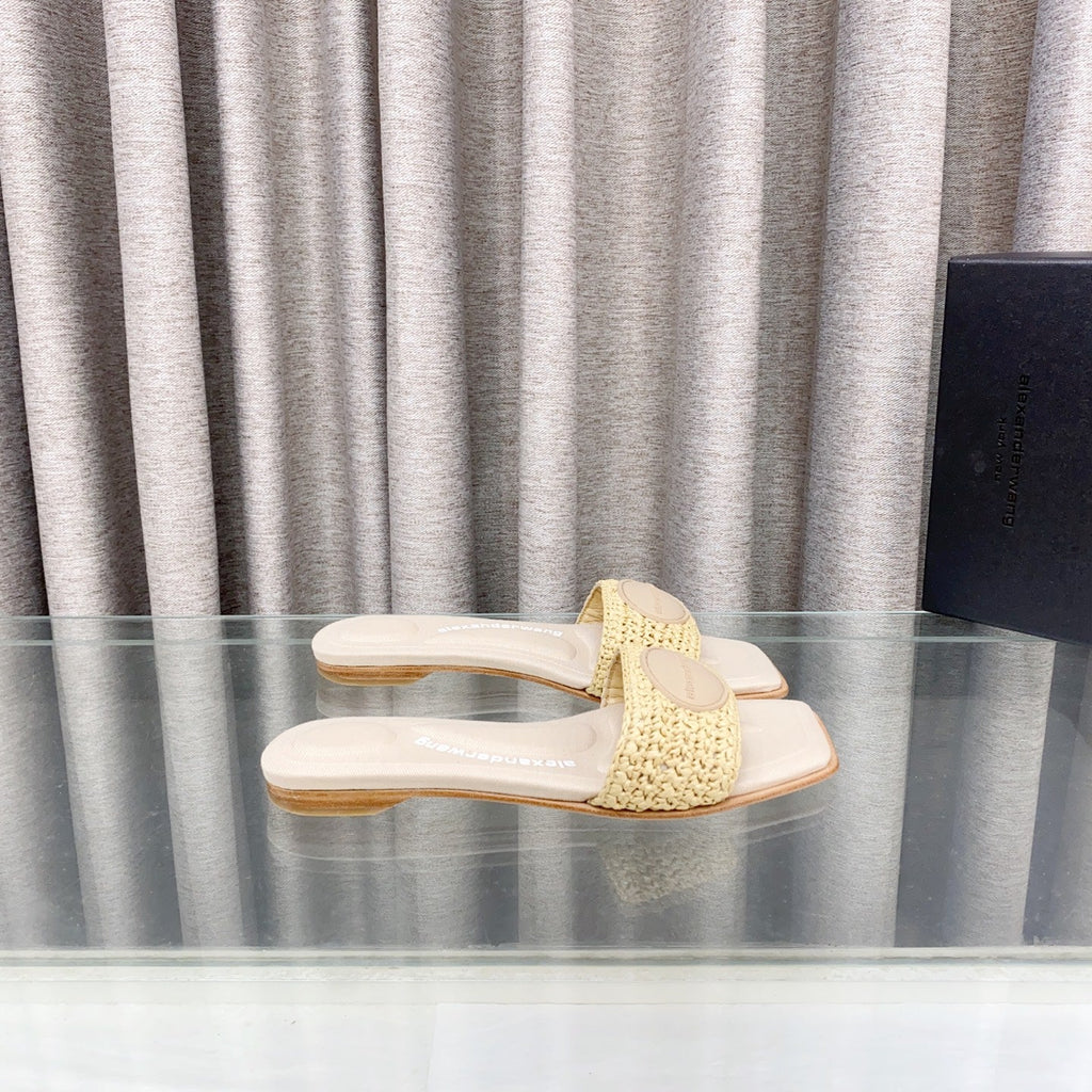 VY SLIDE SANDAL IN BEIGE WOVEN RAFFIA STRAP AND CALFSKIN