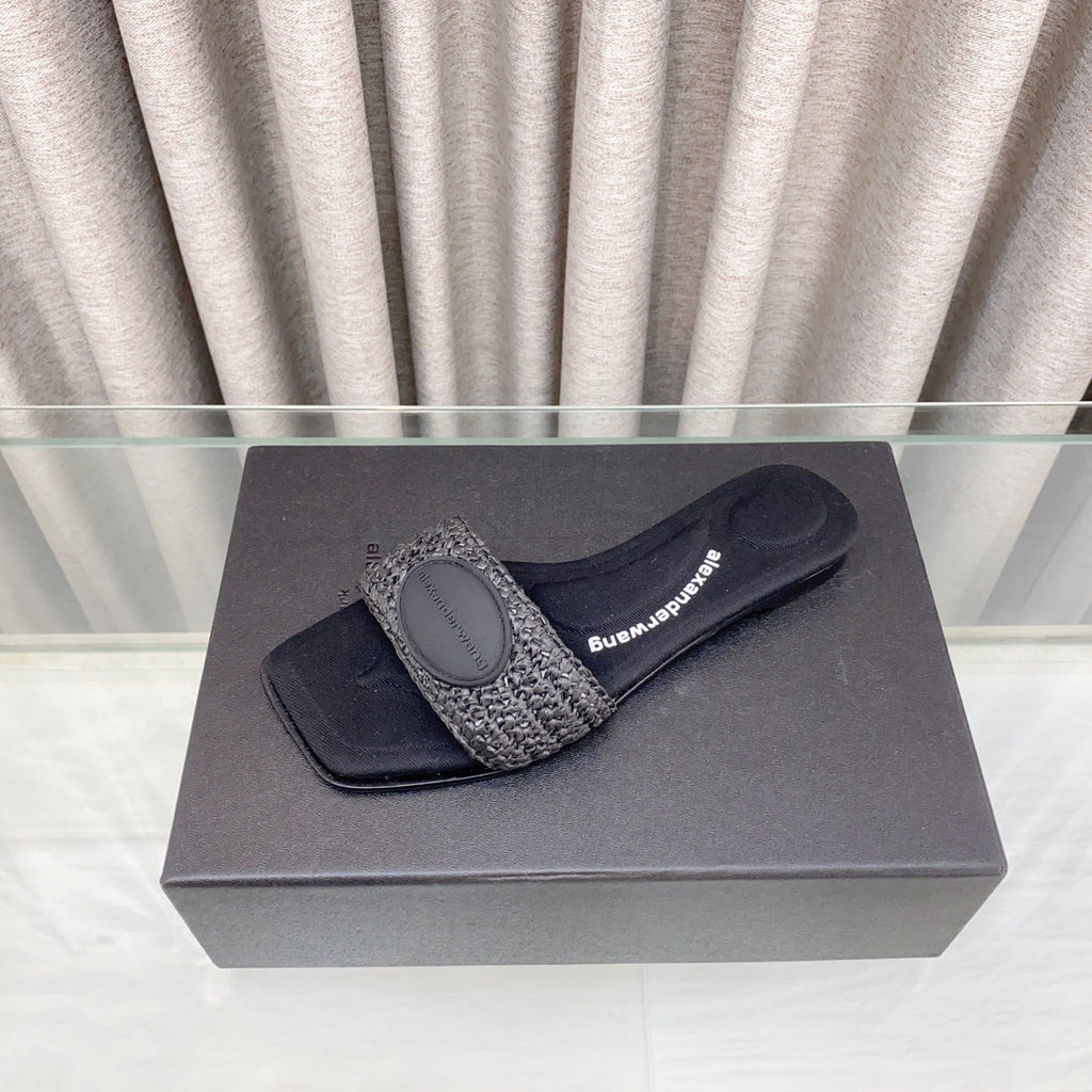 VY SLIDE SANDAL IN BLACK WOVEN RAFFIA STRAP AND CALFSKIN