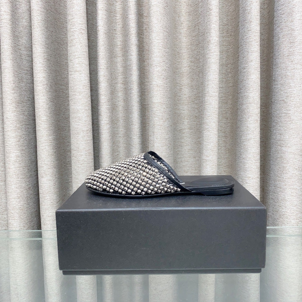 LIGHT BROWN CRYSTAL STUDDED FLAT MULE IN BLACK MESH UPPER