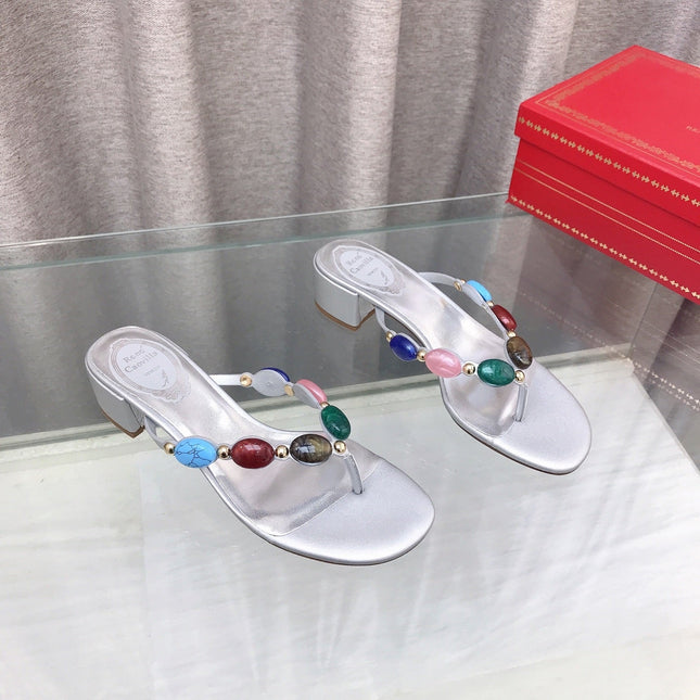 RENE CAOVILLA 26S THONG SANDALS 45 MM IN SILVER LAMBSKIN