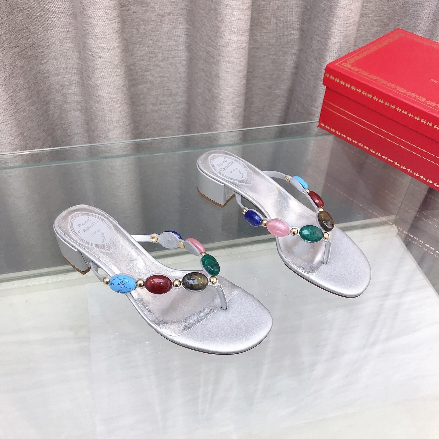 RENE CAOVILLA 26S THONG SANDALS 45 MM IN SILVER LAMBSKIN