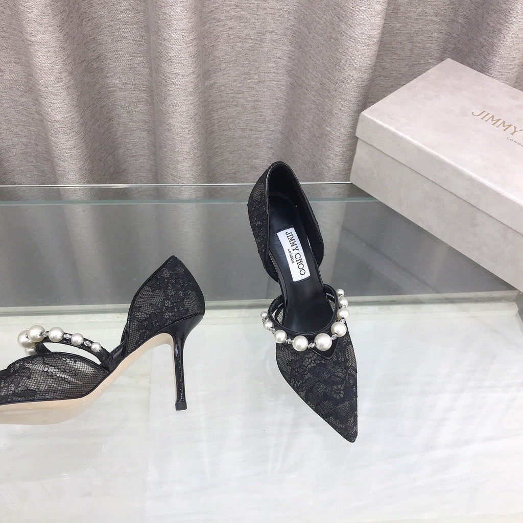 JIMMY CHOO 26S HIGH HEELS 85 MM IN BLACK LACE PEARL-EMBELLISHED