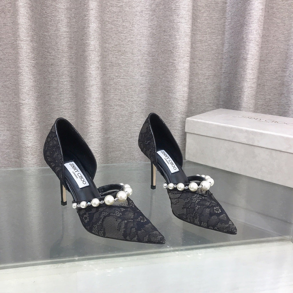 JIMMY CHOO 26S HIGH HEELS 85 MM IN BLACK LACE PEARL-EMBELLISHED