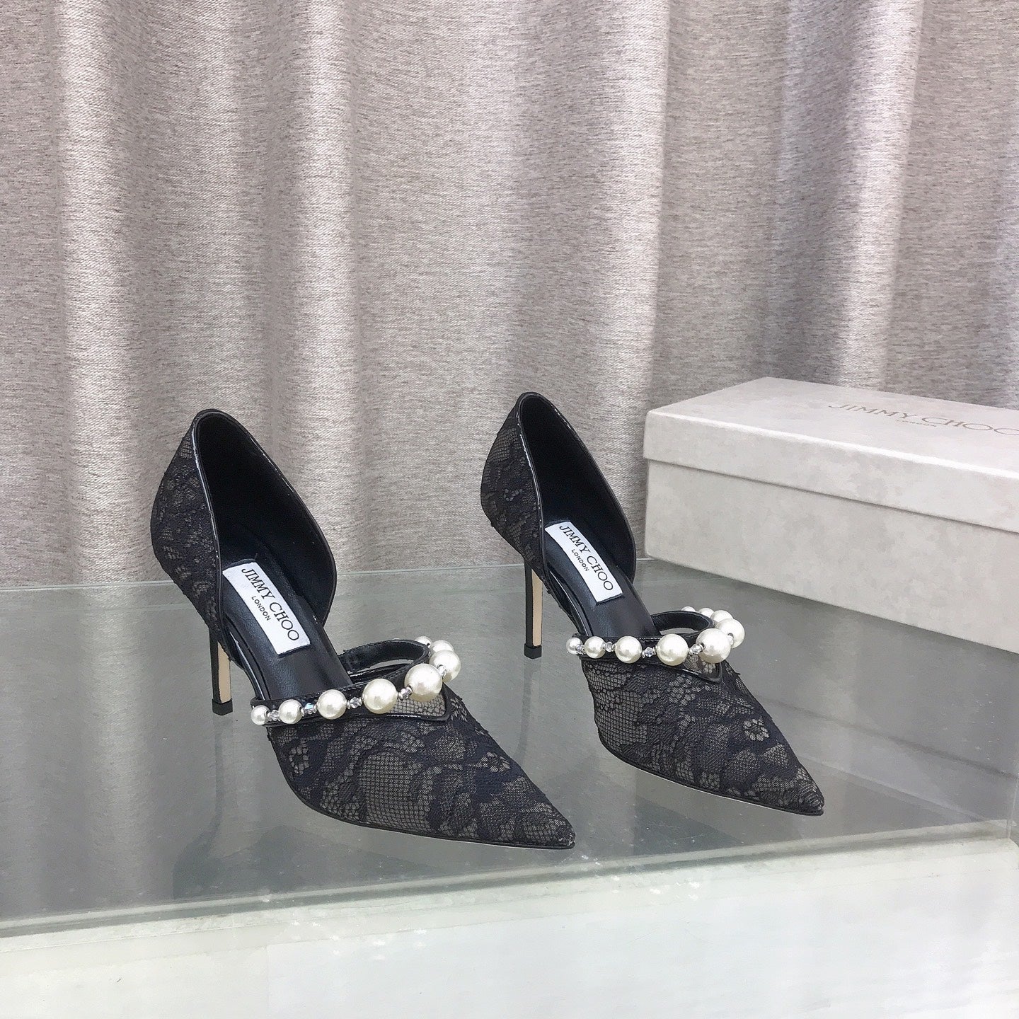JIMMY CHOO 26S HIGH HEELS 85 MM IN BLACK LACE PEARL-EMBELLISHED