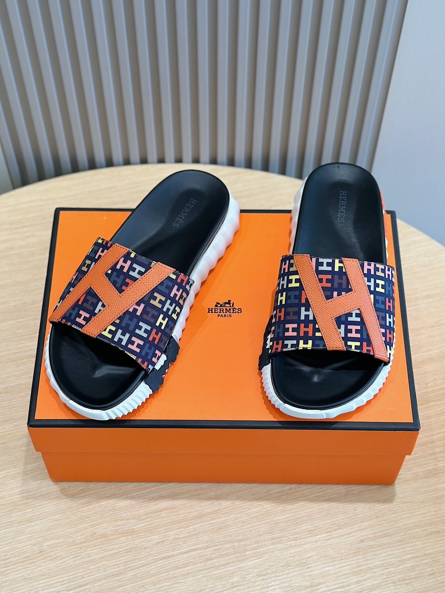 HM SLIPPERS BLACK AND NAVY MONOGRAM CANVAS