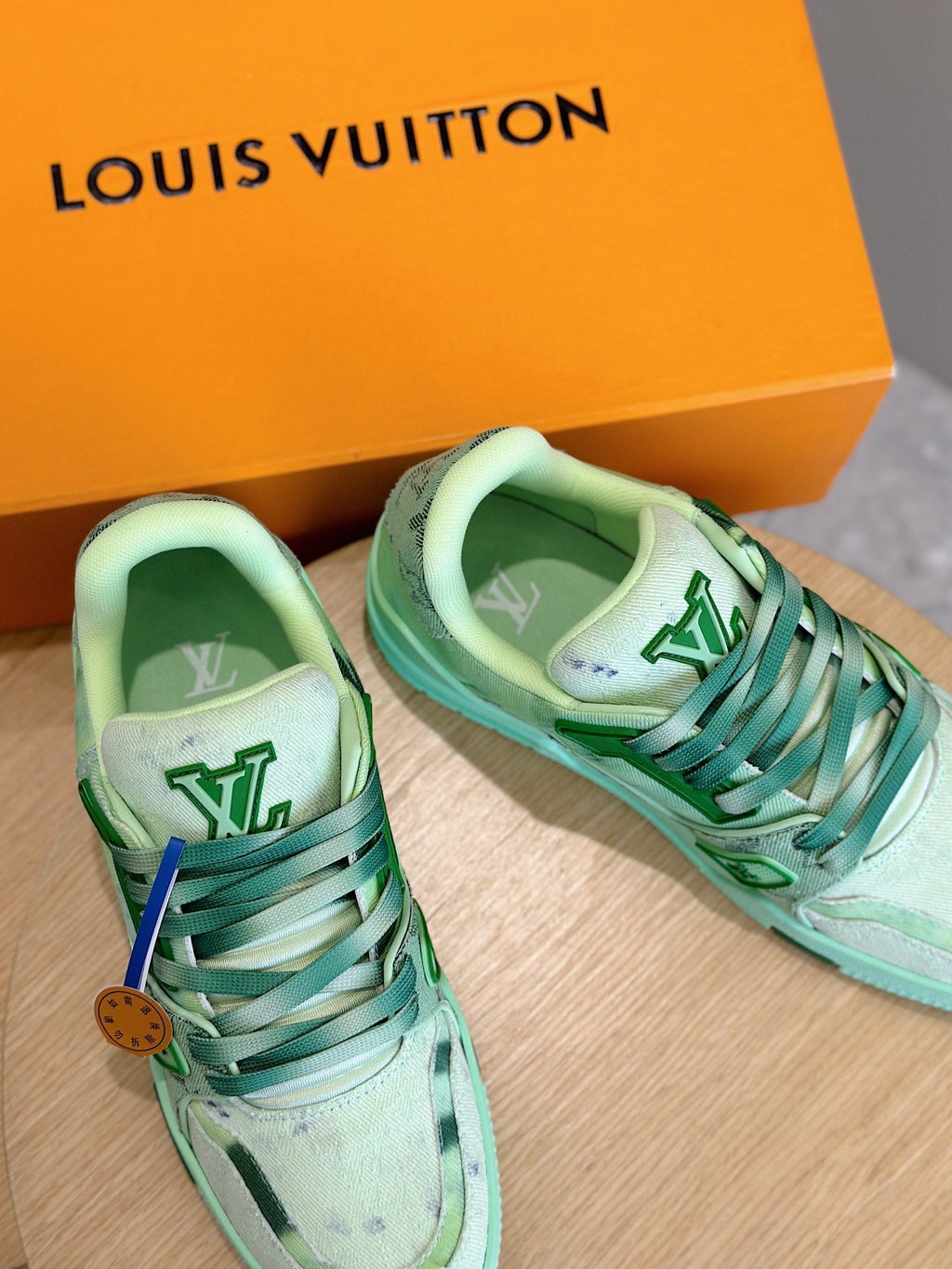 LV TRAINER SNEAKER LIGHT GREEN MONOGRAM DENIM AND CALFSKIN