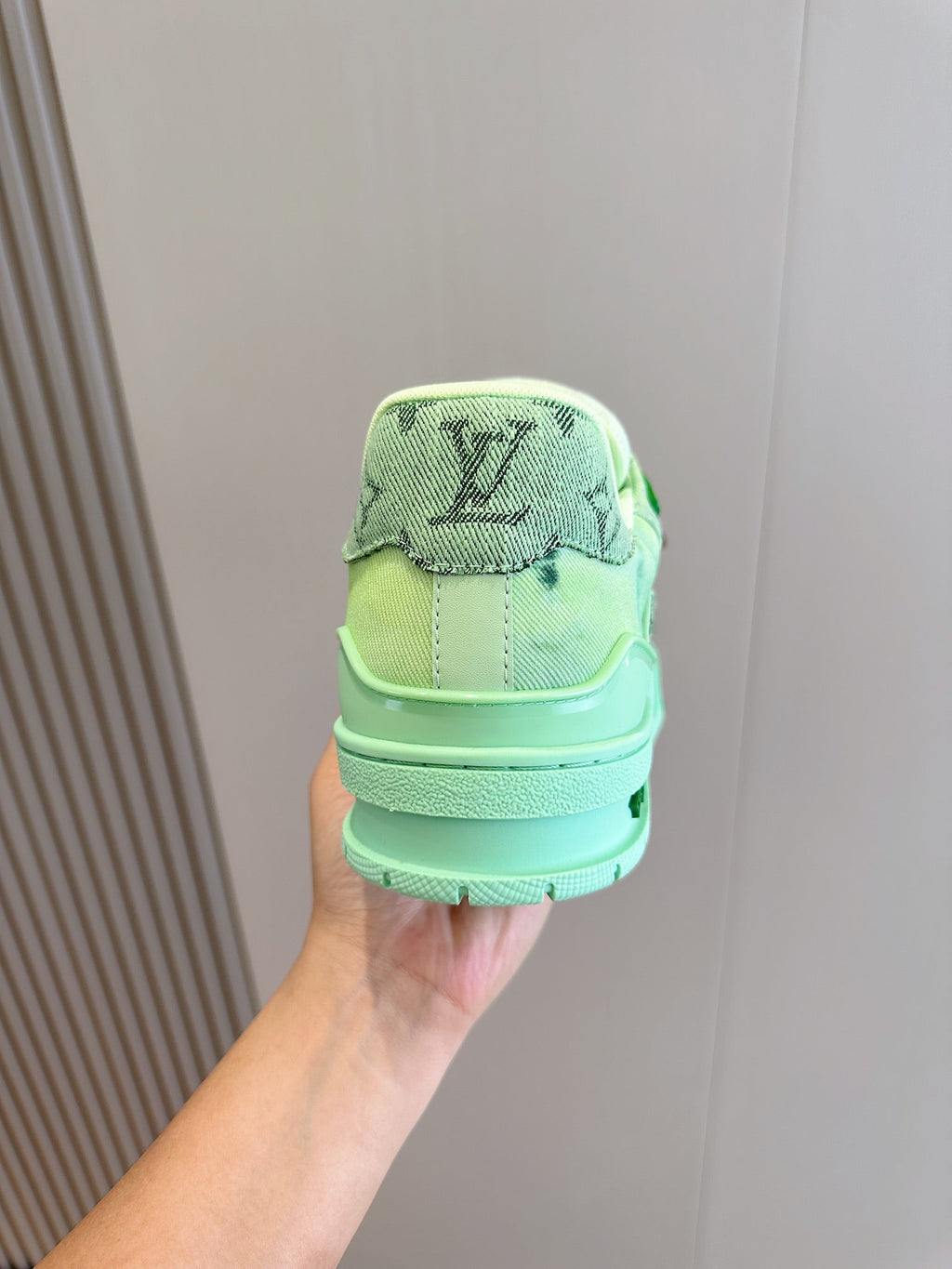 LV TRAINER SNEAKER LIGHT GREEN MONOGRAM DENIM AND CALFSKIN
